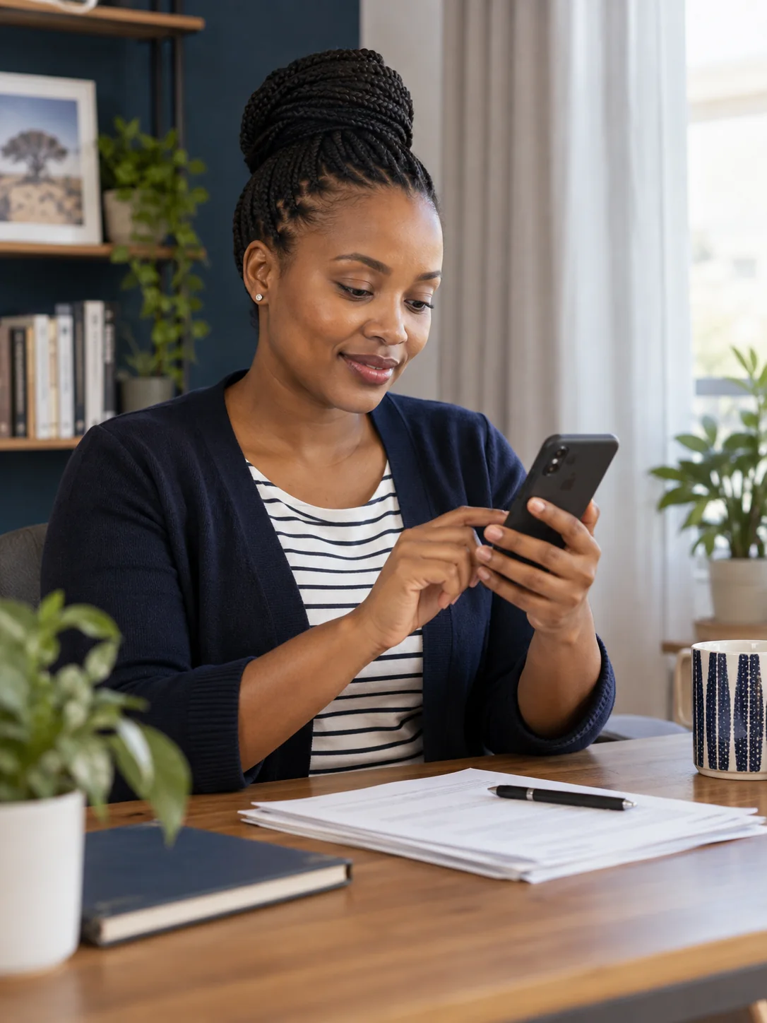 Woman reviewing documents while using a mobile phone