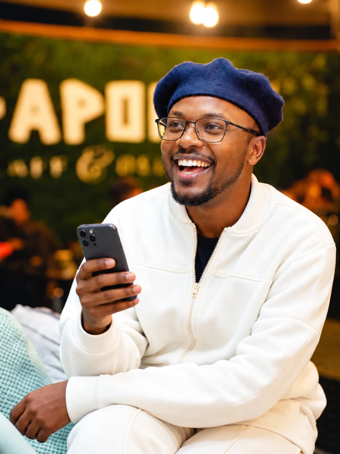 Smiling person holding a mobile phone